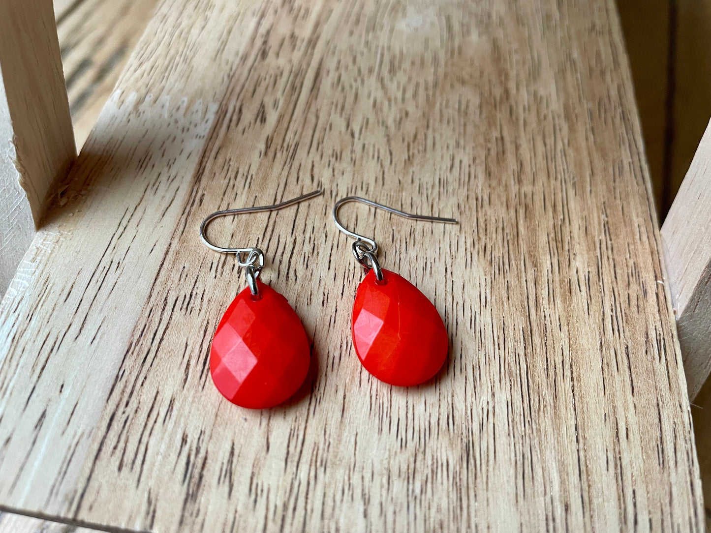 Simple upcycled orangish red teardrop dangle earrings