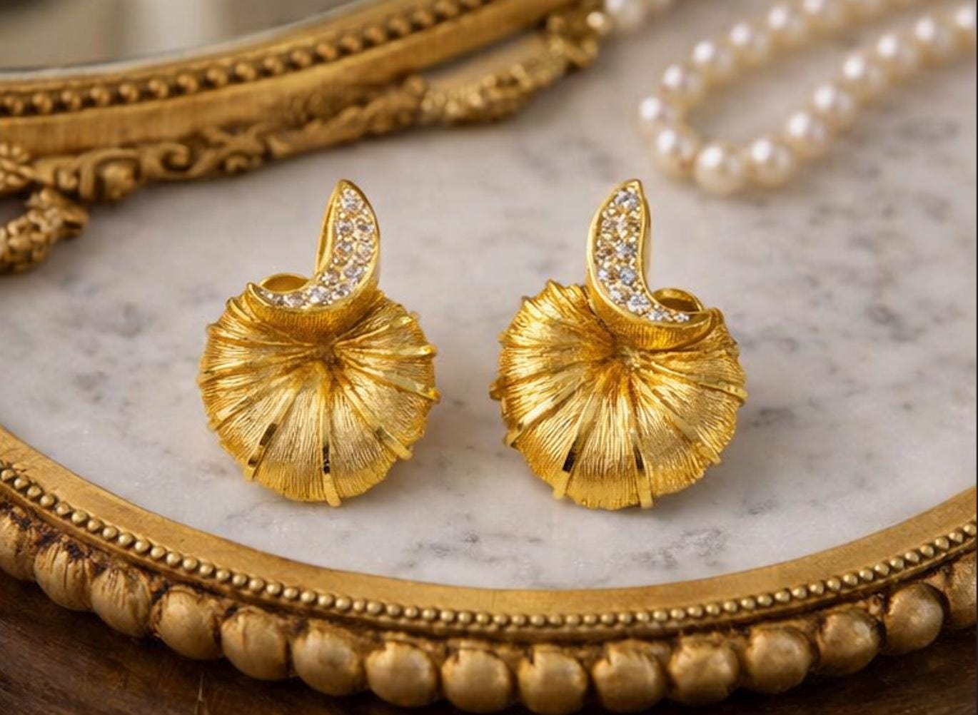 Vintage Gold Tone Clip Earrings Mid Century Fan Shell Design Rhinestone Accent Statement Earrings 1950s 1960s Retro Jewelry