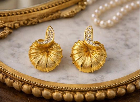 Vintage Gold Tone Clip Earrings Mid Century Fan Shell Design Rhinestone Accent Statement Earrings 1950s 1960s Retro Jewelry