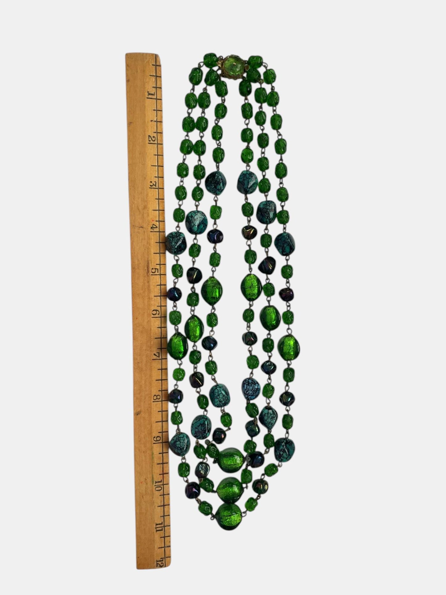 Vintage Emerald Green Glass Necklace, 3 Strand Art Deco Style Statement Necklace, Foil Glass & Turquoise Look Synthetic Beads