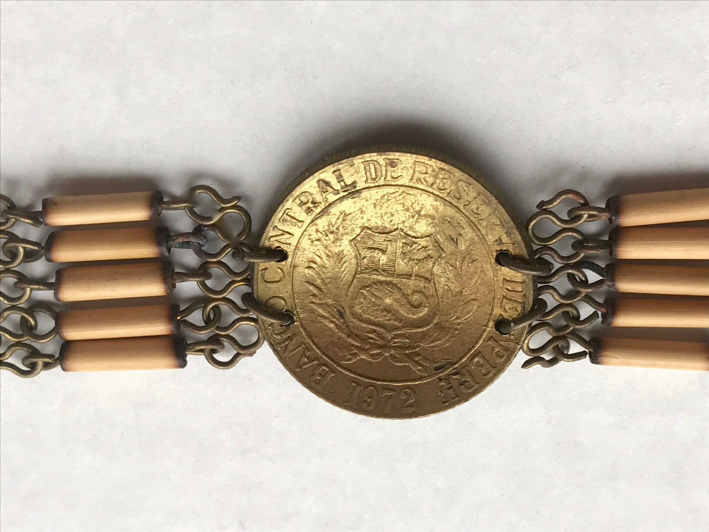 Very unique vintage genuine deoro pareia coin & wood bracelet - Peru