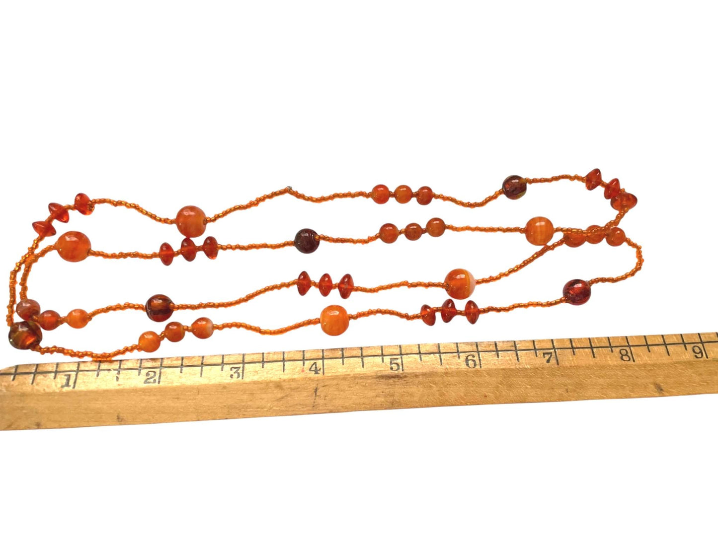 Vintage Orange Glass Bead Necklace – Long 3 Strand Beaded Statement Necklace – Amber Tone Layered Retro Jewelry