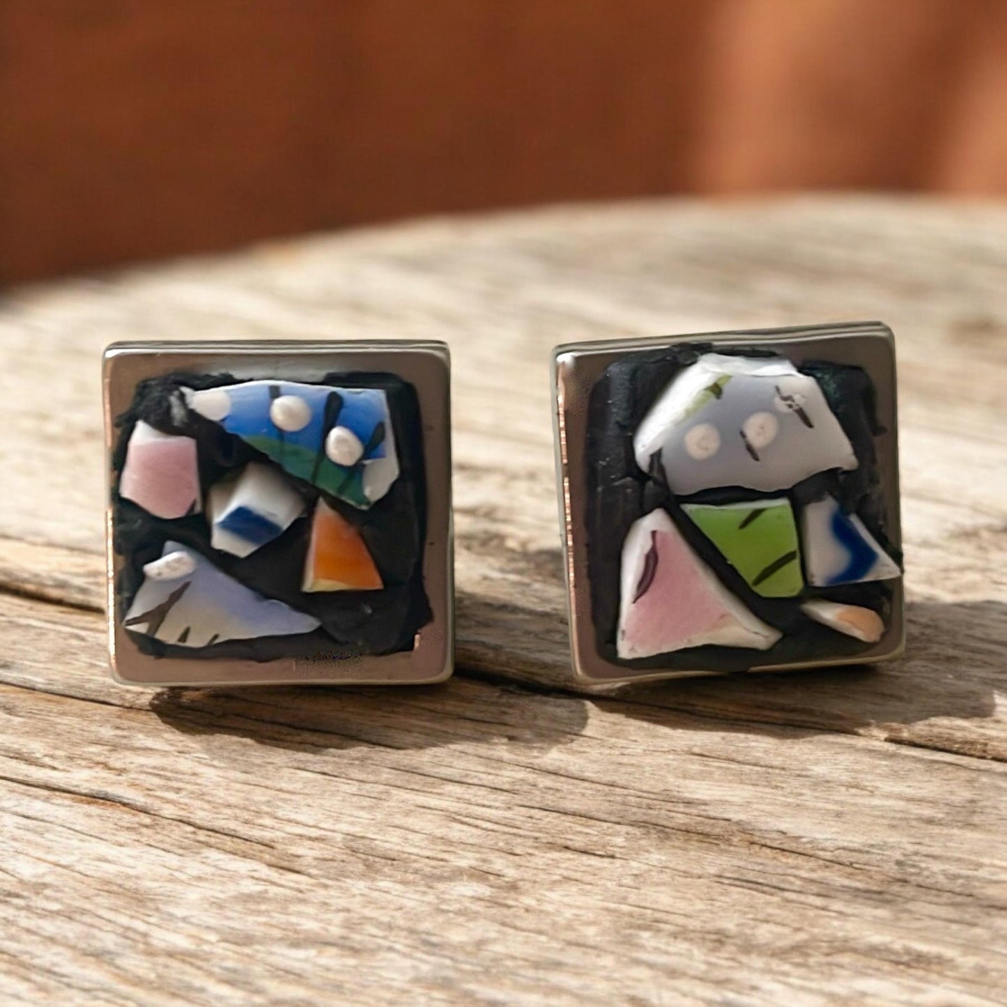 Abstract Mosaic Tile Earrings, Square Studs (Handmade Vintage Glass)