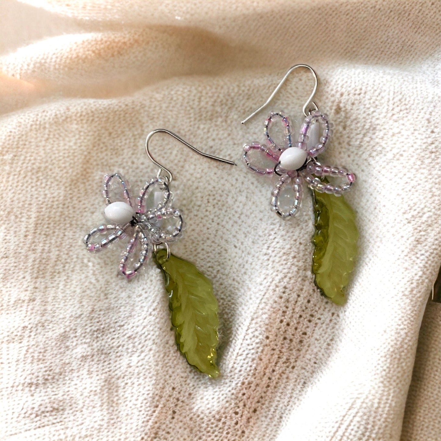 French beaded flowers with glass leaves dangle earrings
