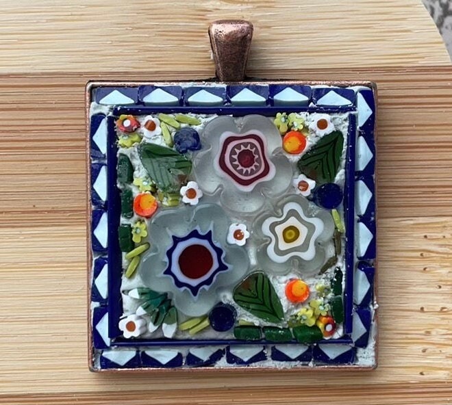 My handmade mosaic necklace - "Flower garden" - hand cut ceramic and glass with millefiori flowers