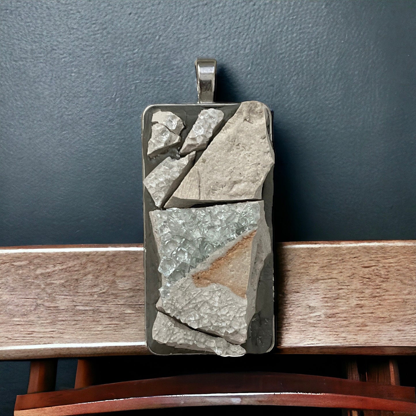 Handmade stone, cement and glass mosaic necklace - comes with a matching necklace chain