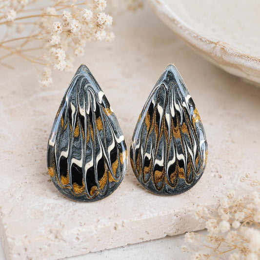 Vintage Black Gold Marbled Post Earrings | Abstract Teardrop Statement Earrings | Modern Art Jewelry | Glossy 2" Earrings