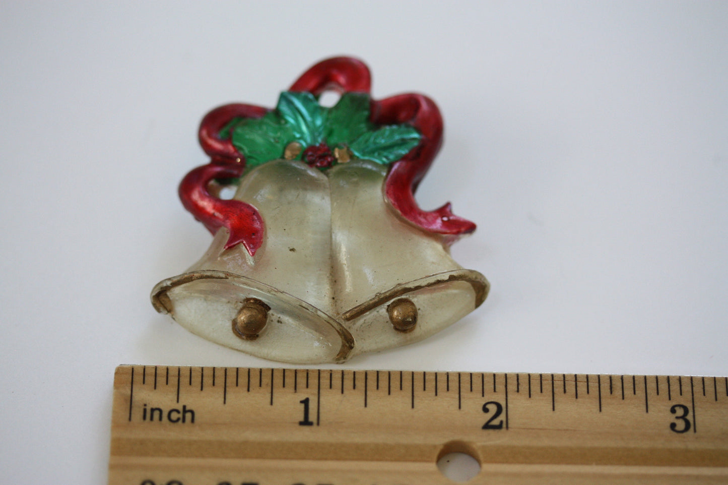 Unique old vintage charming Christmas bells pin with red ribbon and holly - classic /classy vintage Chritmas pin - lucite?