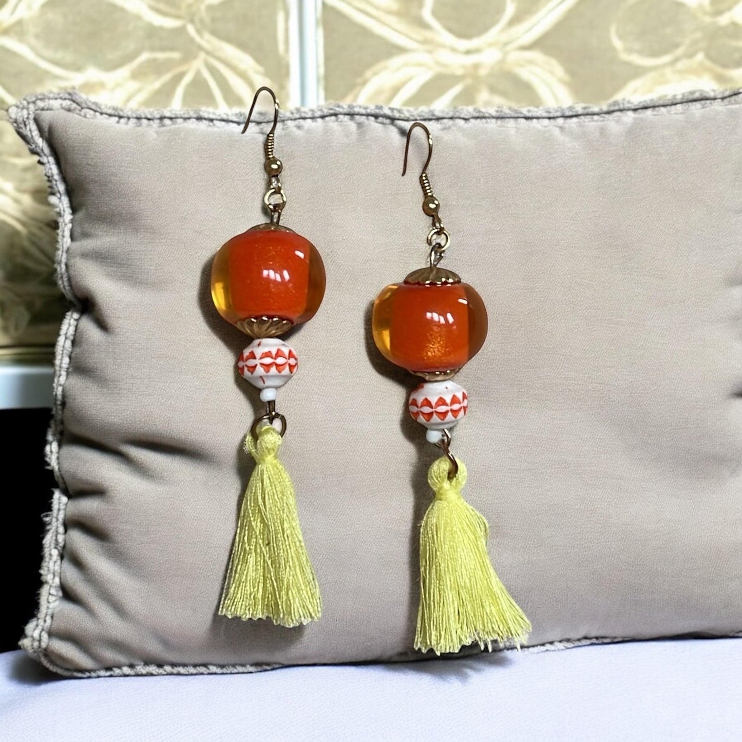 Orange Beaded Earrings with Yellow Tassels – Handmade Boho Dangle Earrings, Bright Summer Jewelry, Festival Accessories, Gift for Her