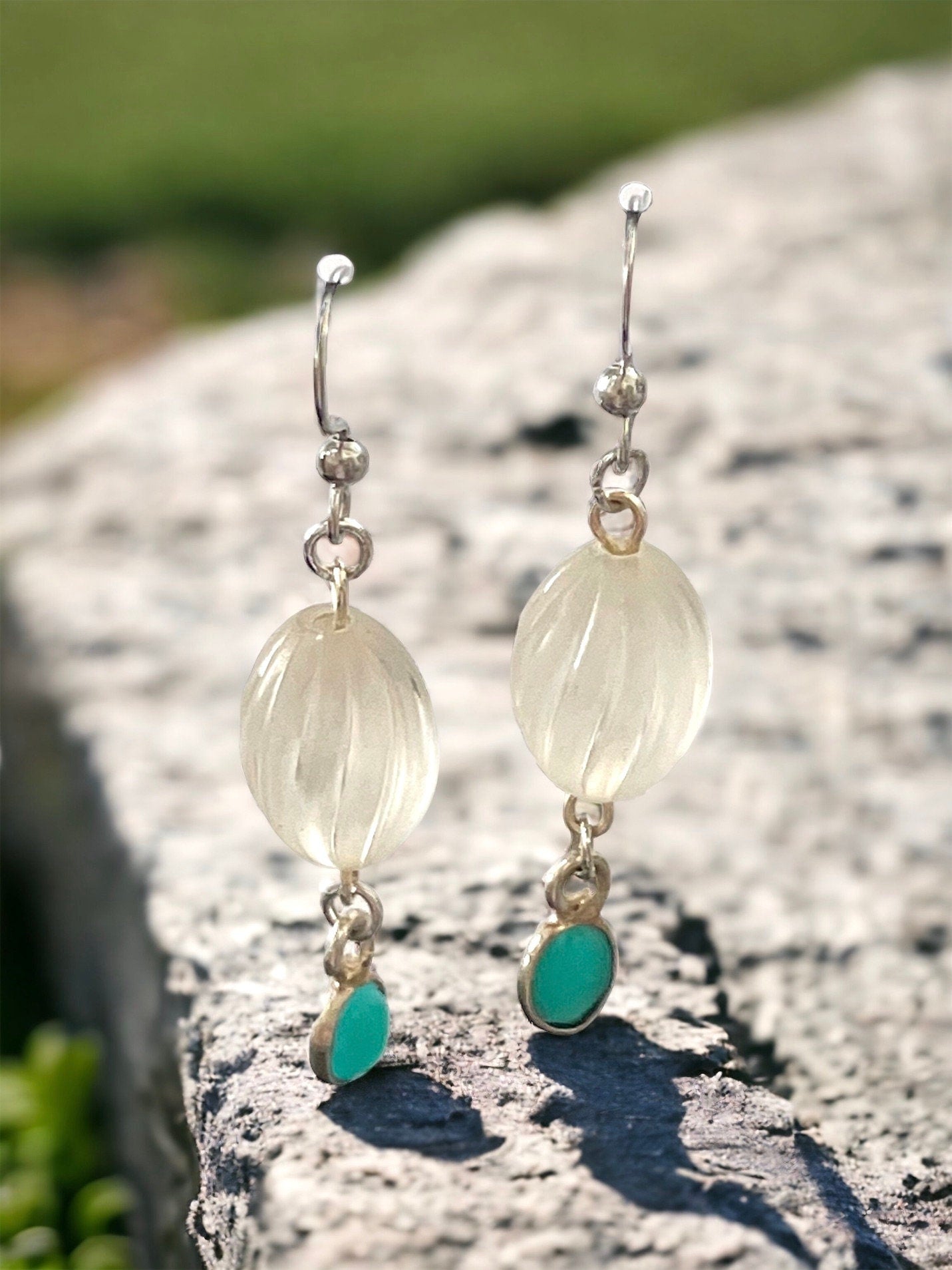 Long dangle earrings made of both new and vintage components - swirled frosted white with blue dangles