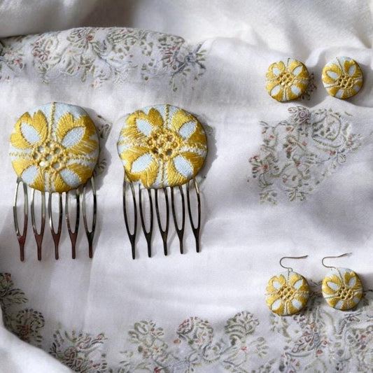 Choice of stud earrings, dangle earrings, hair combs, shanked buttons or pins all hand made from a vintage linen embroidered table runner
