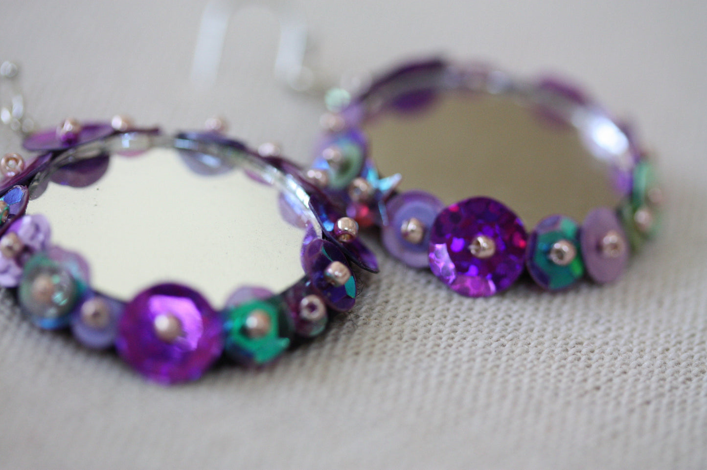 Unique hand beaded and sequined dangle mirror earrings