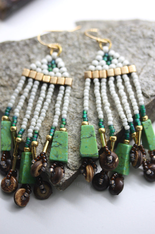 Unique Hand beaded Native-American-Style stunning dangle beadwork earrings - with mixed materials