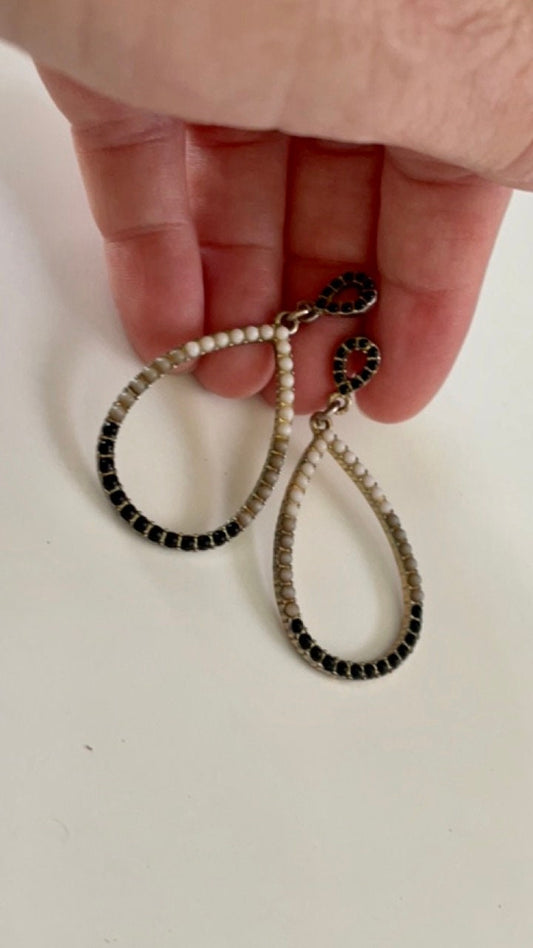 Gradient colored black to white tiny studded teardrop-shaped vintage dangle earrings