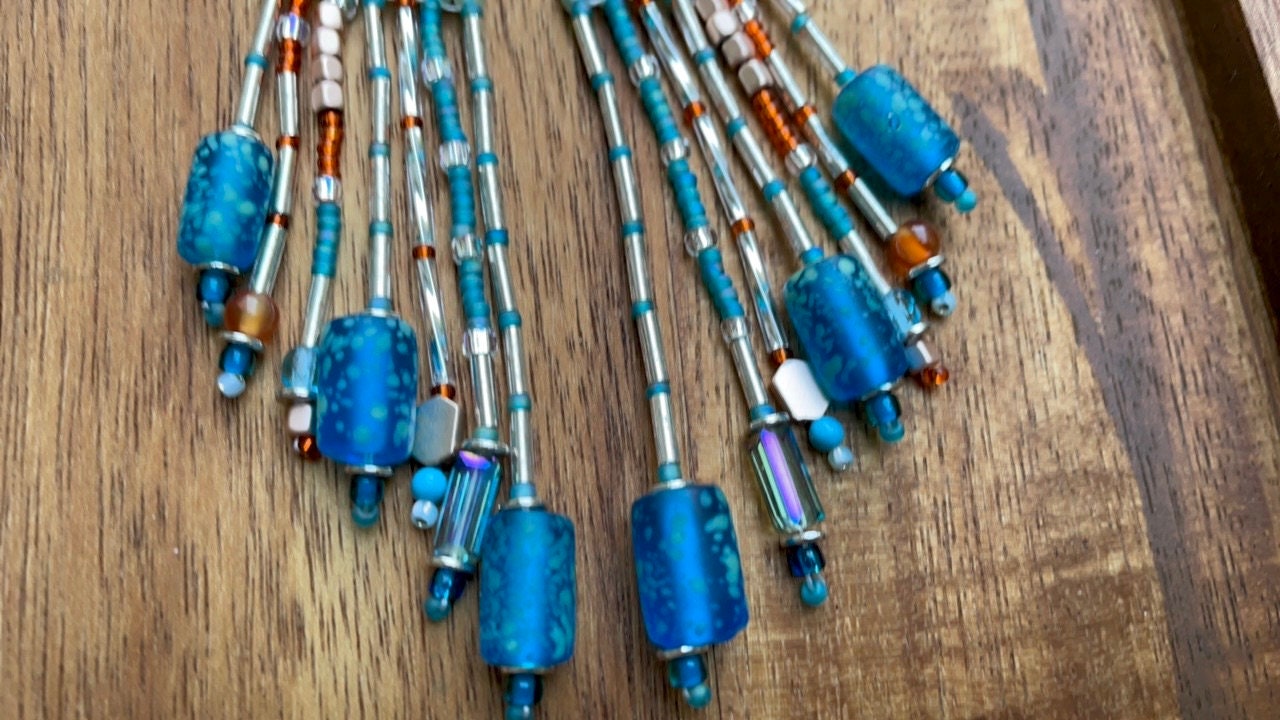Hand beaded stunning dangle mixed material long statement beadwork earrings - art glass, crystal, metal, semi precious stone, seed beads