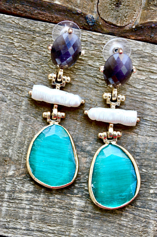 Stunning and unique glass and pearl unsigned vintage earrings - purple amethyst?, turquoise and pearly white