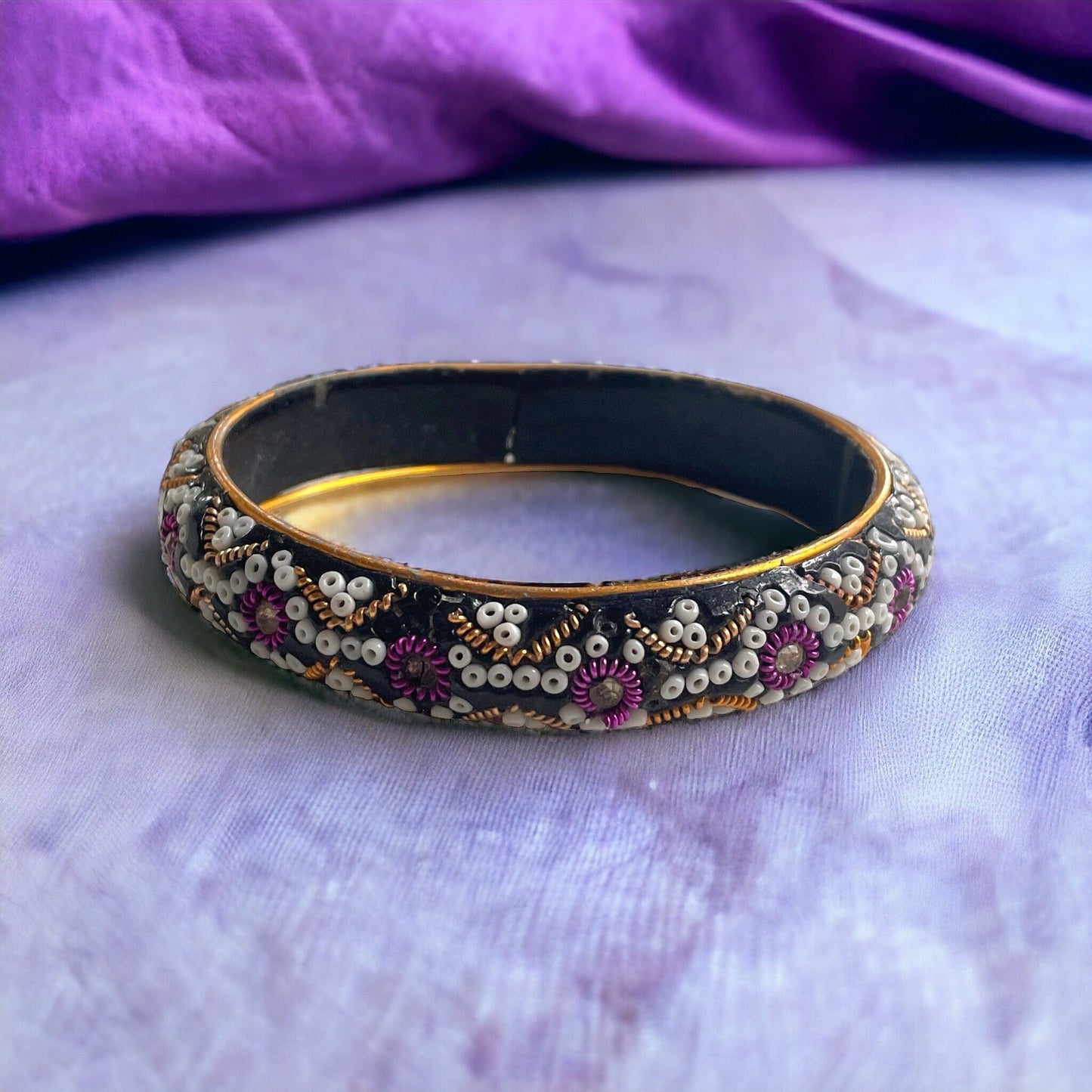 Vintage glittery, sparkly, beaded bangle bracelet - purple, white, gold