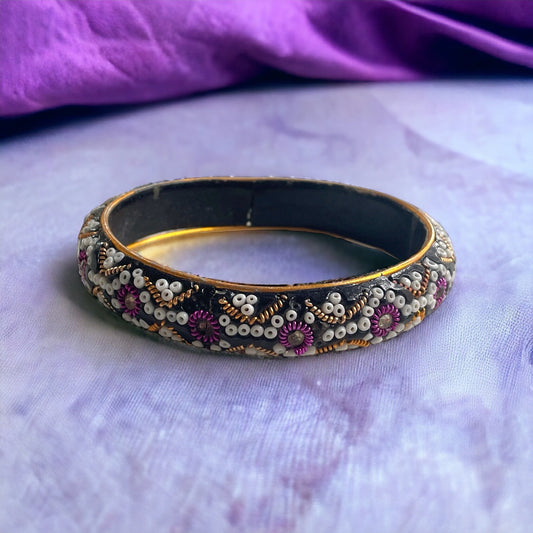 Vintage glittery, sparkly, beaded bangle bracelet - purple, white, gold
