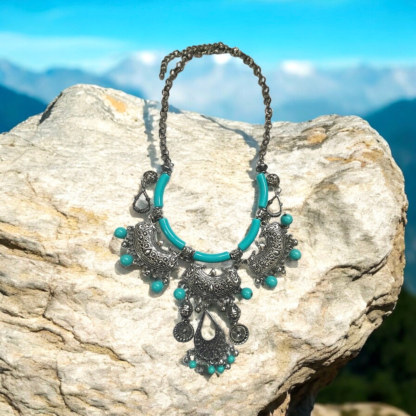 Exotic Indian style necklace with turquoise beaded balls/tubes and ornate silver trim