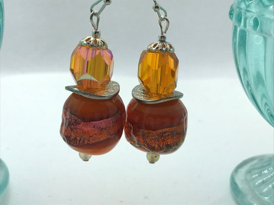 Handmade earrings - made of vintage orange porcelain beads with fused foiled glass and orange glass faceted crystals