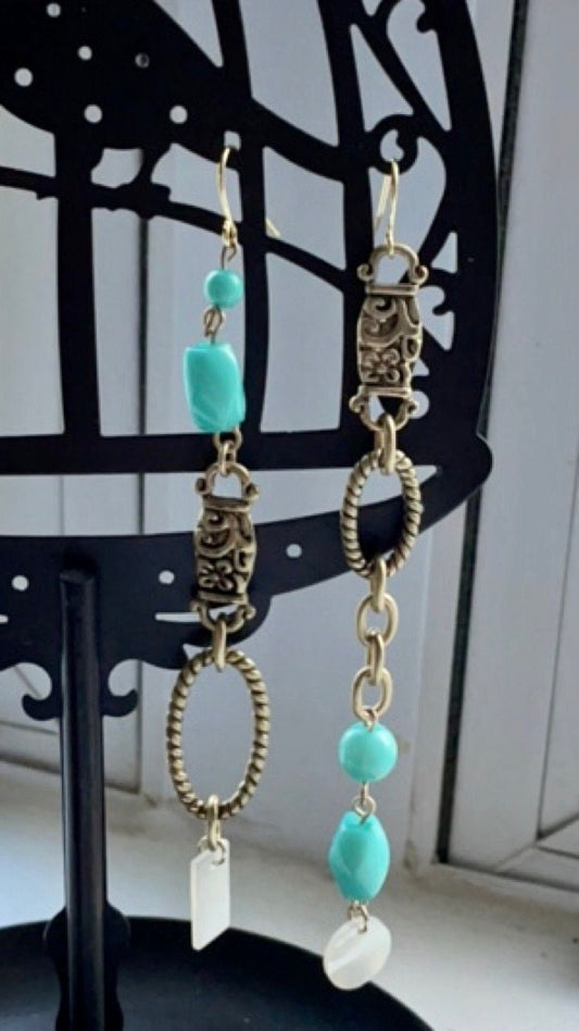 One-of-a-kind handmade mismatched mixed material long dangle earrings - turquoise colored vintage and new materials, mother of pearl dangles