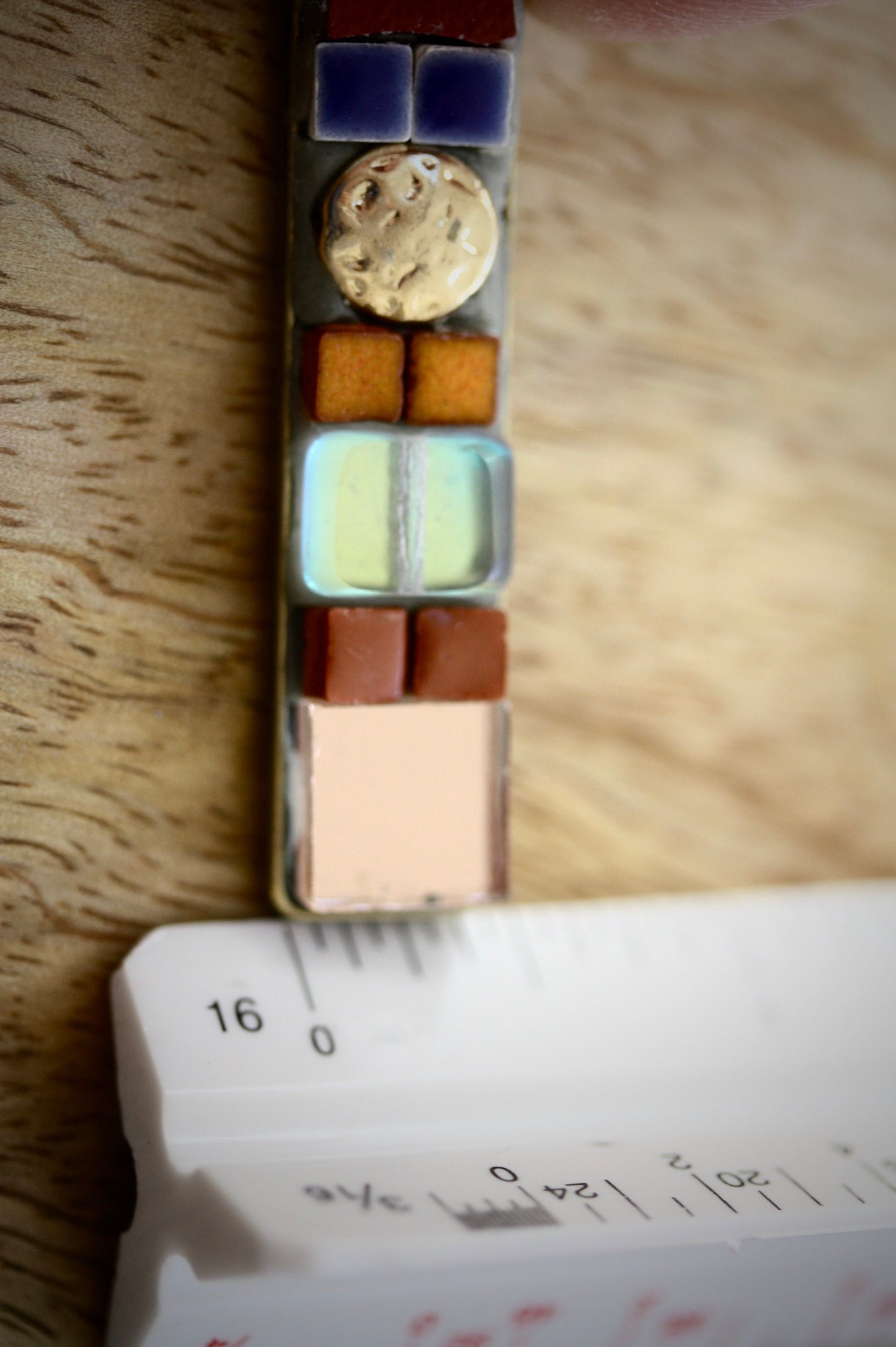 Handmade mixed material mosaic necklace - glass, ceramic tiles, rose gold colored mirror, upcycled goldtone hammered metal