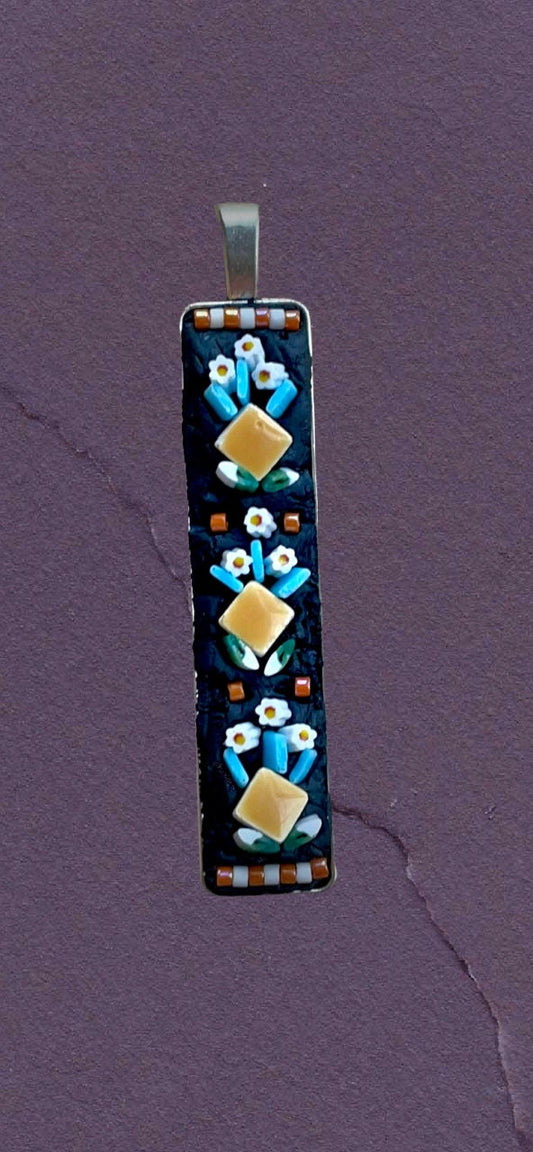 Handmade mixed material mosaic necklace - hand cut Italian glass, millefiori, micro ceramic tiles, glass flowers