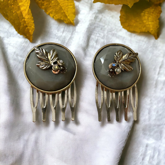 Pair of small 1" silvery gray round hair combs with silver leaves, rhinestones, faux baby pearls and upcycled metal components