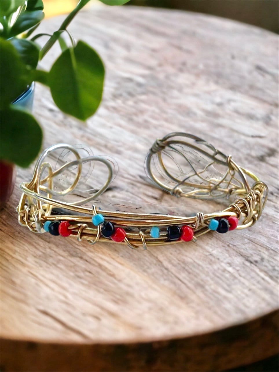 Unique vintage artisan cuff beaded wire bracelet - adjustable... one-size-fits-all