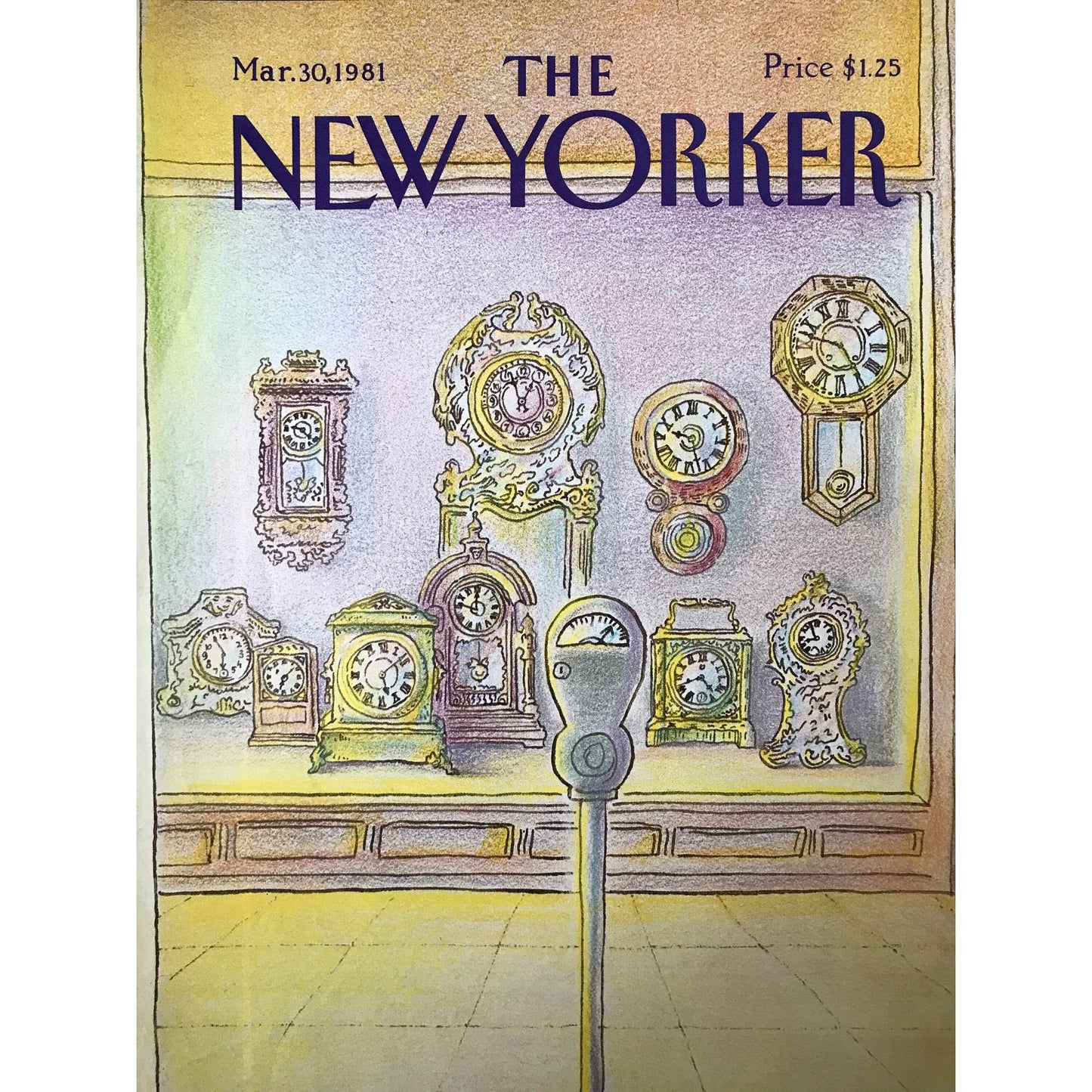 NEW YORKER Magazine cover - March 30, 1981 - parking meter, clocks, time, time keepers