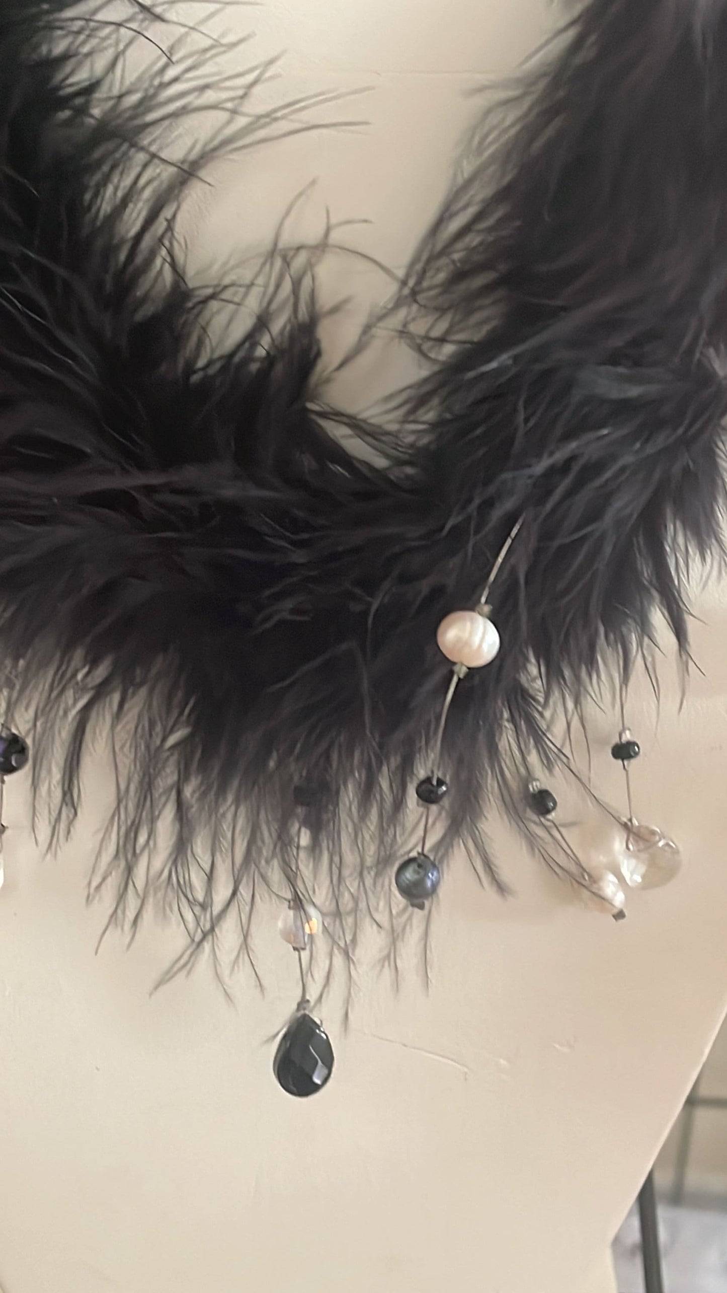 Unique vintage black feather necklace with crystals and pearls