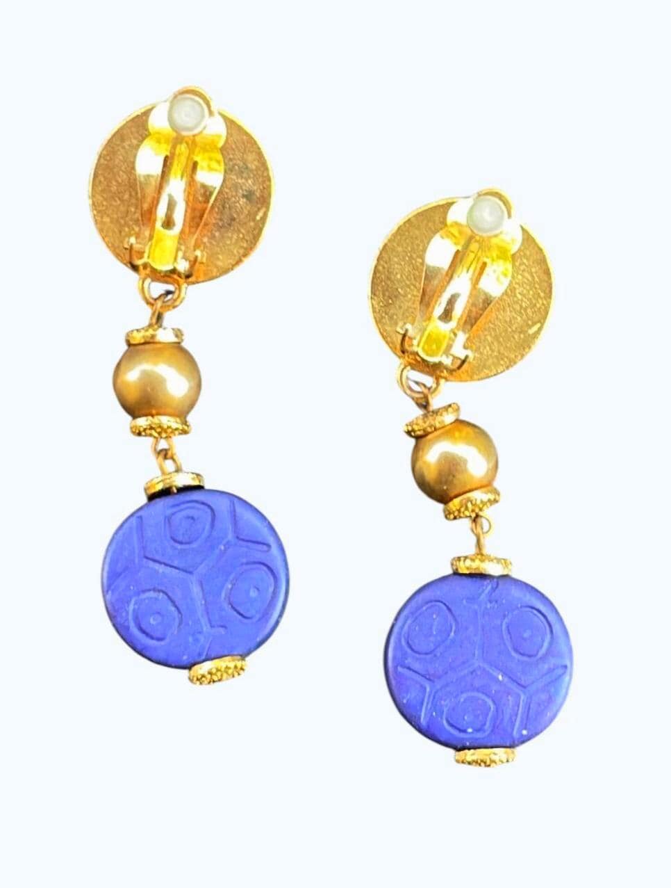 Vintage Cobalt Blue Clip On Statement Earrings | Gold Tone Dangle Earrings | Bold 1980s Fashion Jewelry | 2.5 Inch Earrings