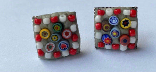 Small (half inch)  handmade micro mosaic stud earrings with tiny glass seed beads and colorful assorted glass millefiori