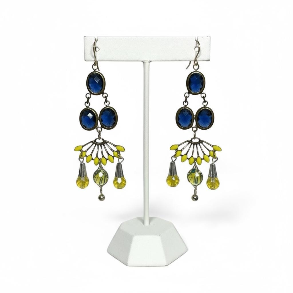 Chandelier Collage earrings -  blue faceted crystals with yellow enamel and glass trim