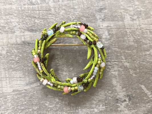 Revised, Modernized, Upcycled - hand made / hand painted one-of-a-kind mixed media beaded vintage wreath flower pin brooch