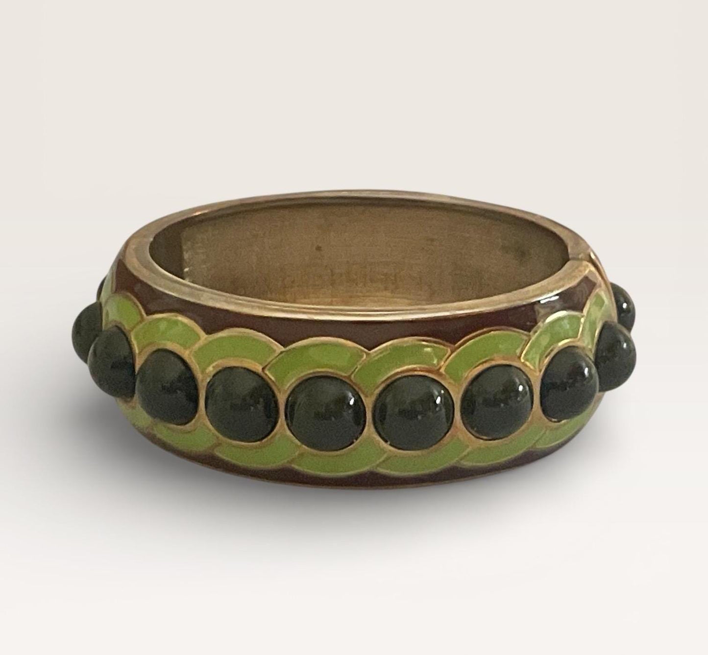 Vintage Green Enamel Clamper Bracelet with Black Cabochon Stones | Gold Tone Hinged Bangle | Retro Statement Jewelry