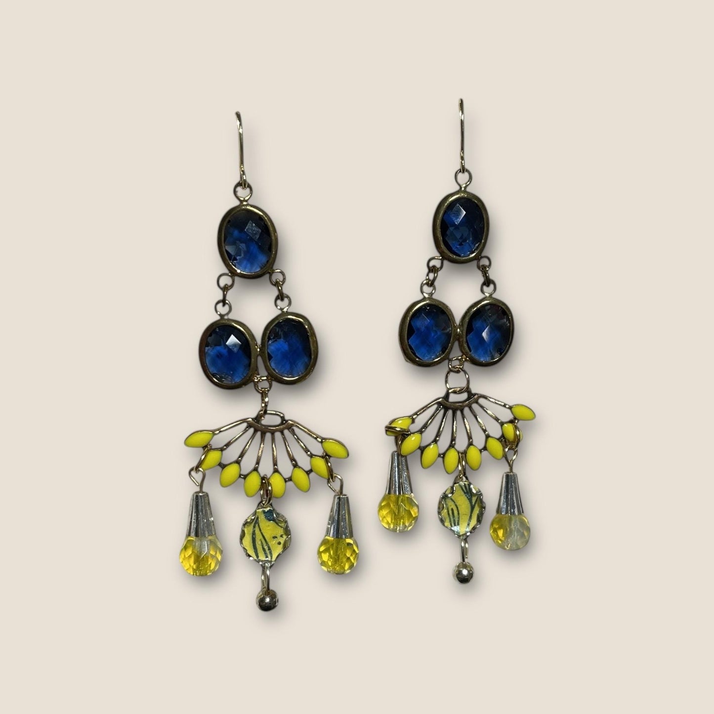 Chandelier Collage earrings -  blue faceted crystals with yellow enamel and glass trim