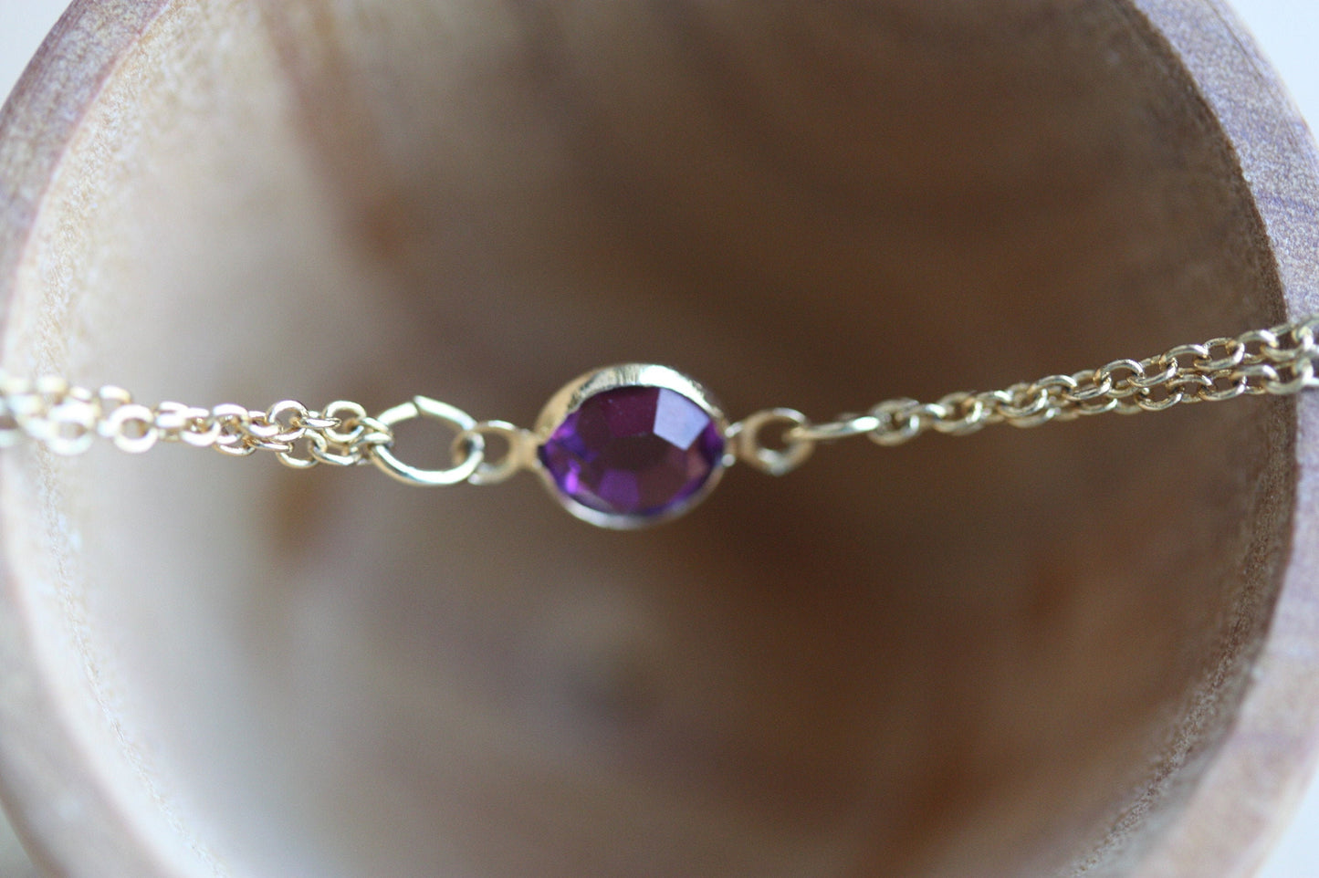 S I M P L E elegant timeless bracelet - purple vintage crystal on upcycled vintage goldtone double chain