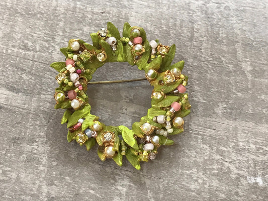 Revised, Modernized, Upcycled - hand made / hand painted one-of-a-kind mixed media beaded vintage wreath flower pin brooch