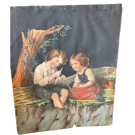 Antique Victorian Chromolithograph Print After Johann Baptist Hengartner | The Young Artists | 19th Century Wall Art | Child Pastoral Scene