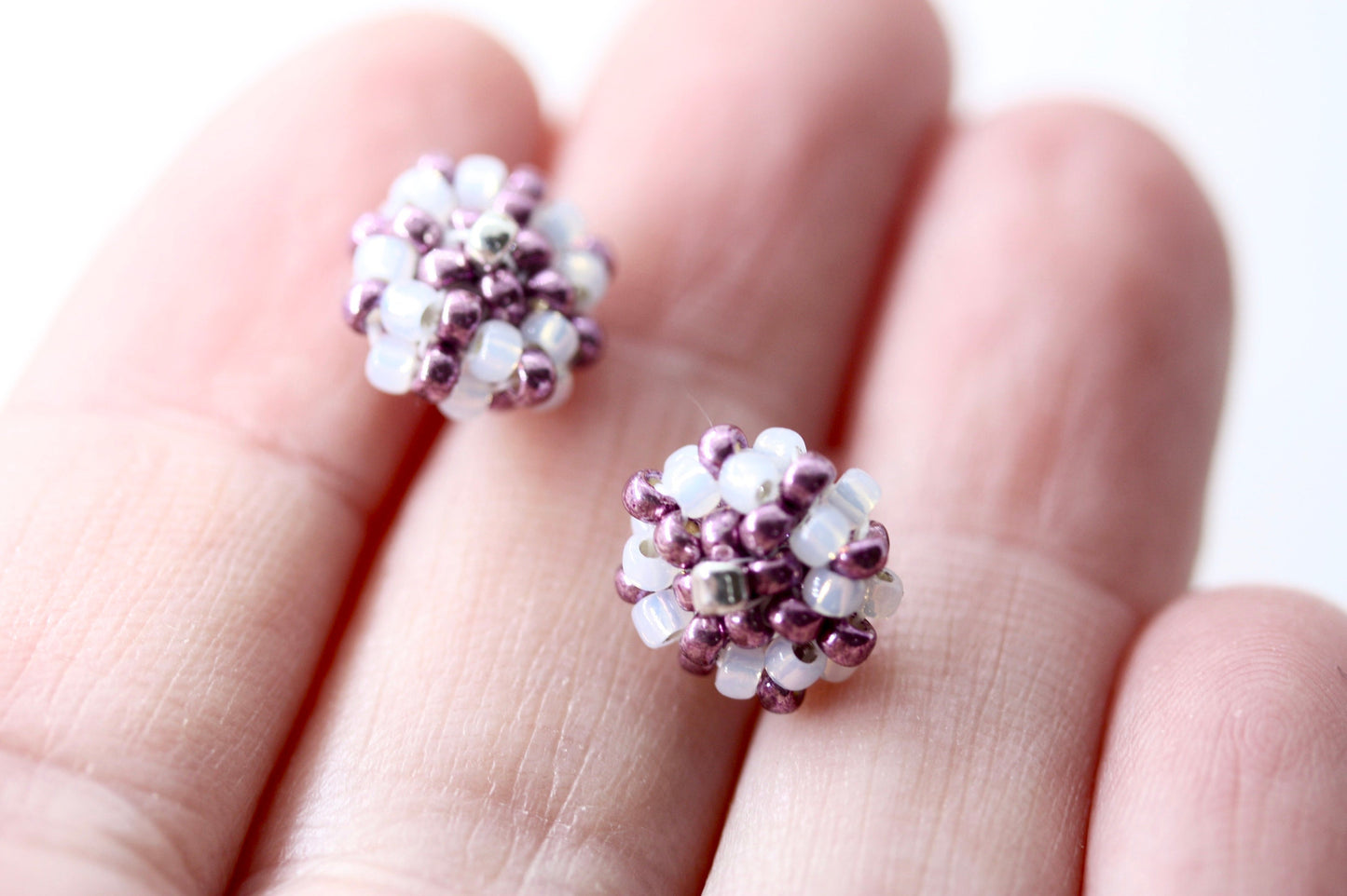 Hand beaded sterling silver stud earrings - purple with drops of gold lined white glass - studs, beadwork studs, beaded studs