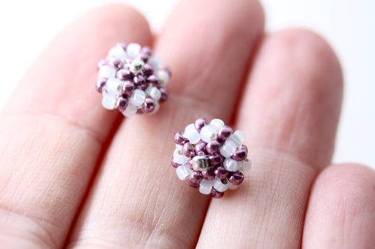 Hand beaded sterling silver stud earrings - purple with drops of gold lined white glass - studs, beadwork studs, beaded studs