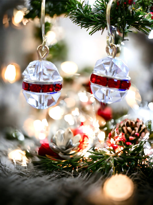 Handmade crystal Christmas ball earrings - made with uniquely domed vintage glass crystal and red rhinestone rondelles