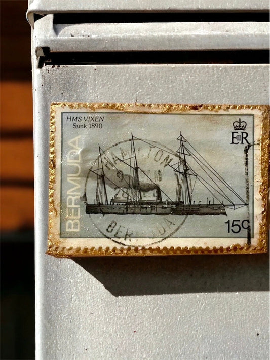 Pin or necklace pendant hand made from genuine vintage and antique postage stamps from around the world - Bermuda, ship, HMS Vixen