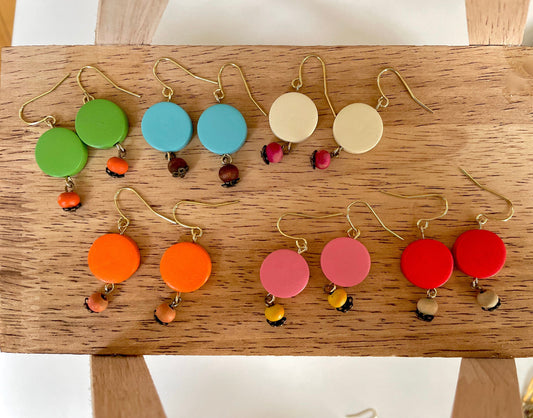 Colorful round wooden fun dangle earrings - your choice of color combos