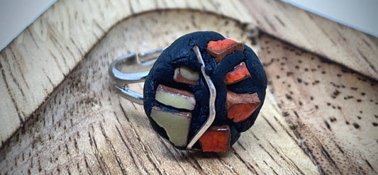 Handmade mosaic adjustable ring - Italian inspired - hand cut inlaid orange and green tile