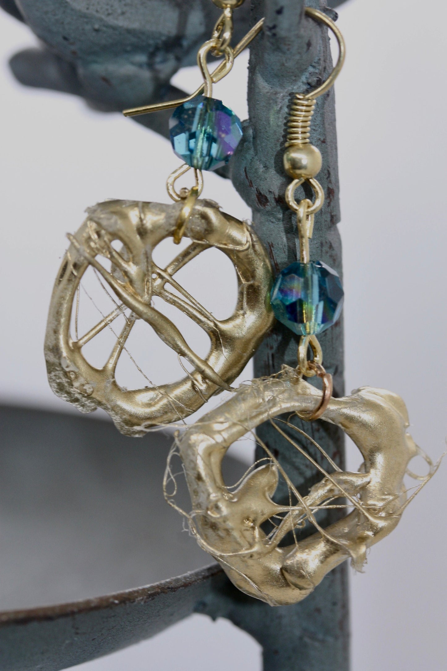 Lightweight faux metal unique free form handmade goldtone dangle earrings with AB blue crystals