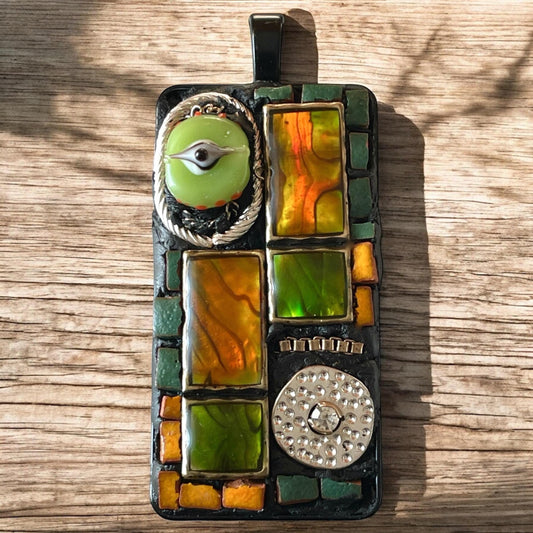 Handmade Mosaic Necklace – Orange & Green Abalone Shell, Glass and Metal – Mixed Material Pendant, Artisan Jewelry Gift