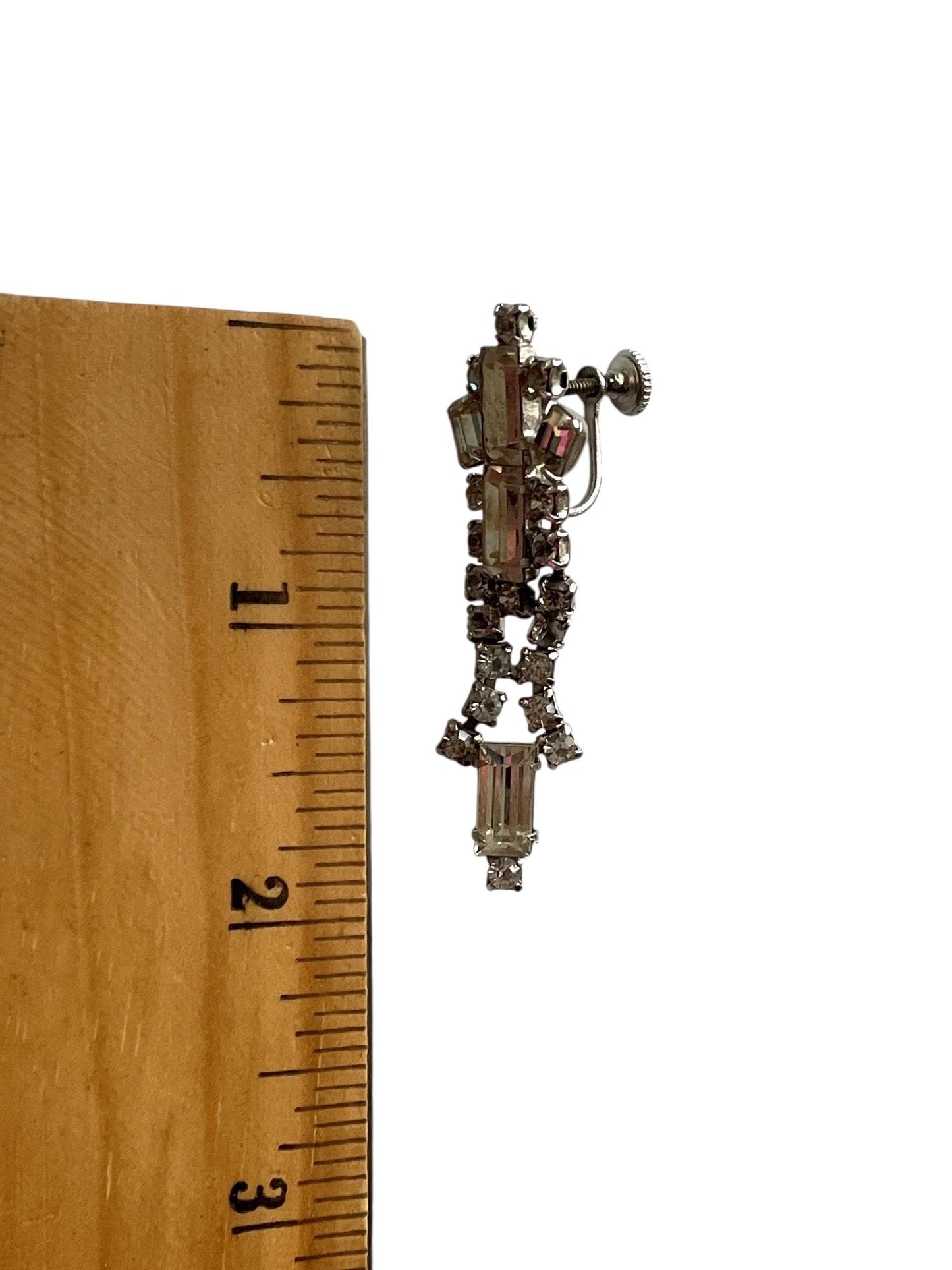 Vintage Rhinestone Clip On Earrings | Clear Baguette & Round Rhinestones | Art Deco Style Statement Earrings | Silver Tone