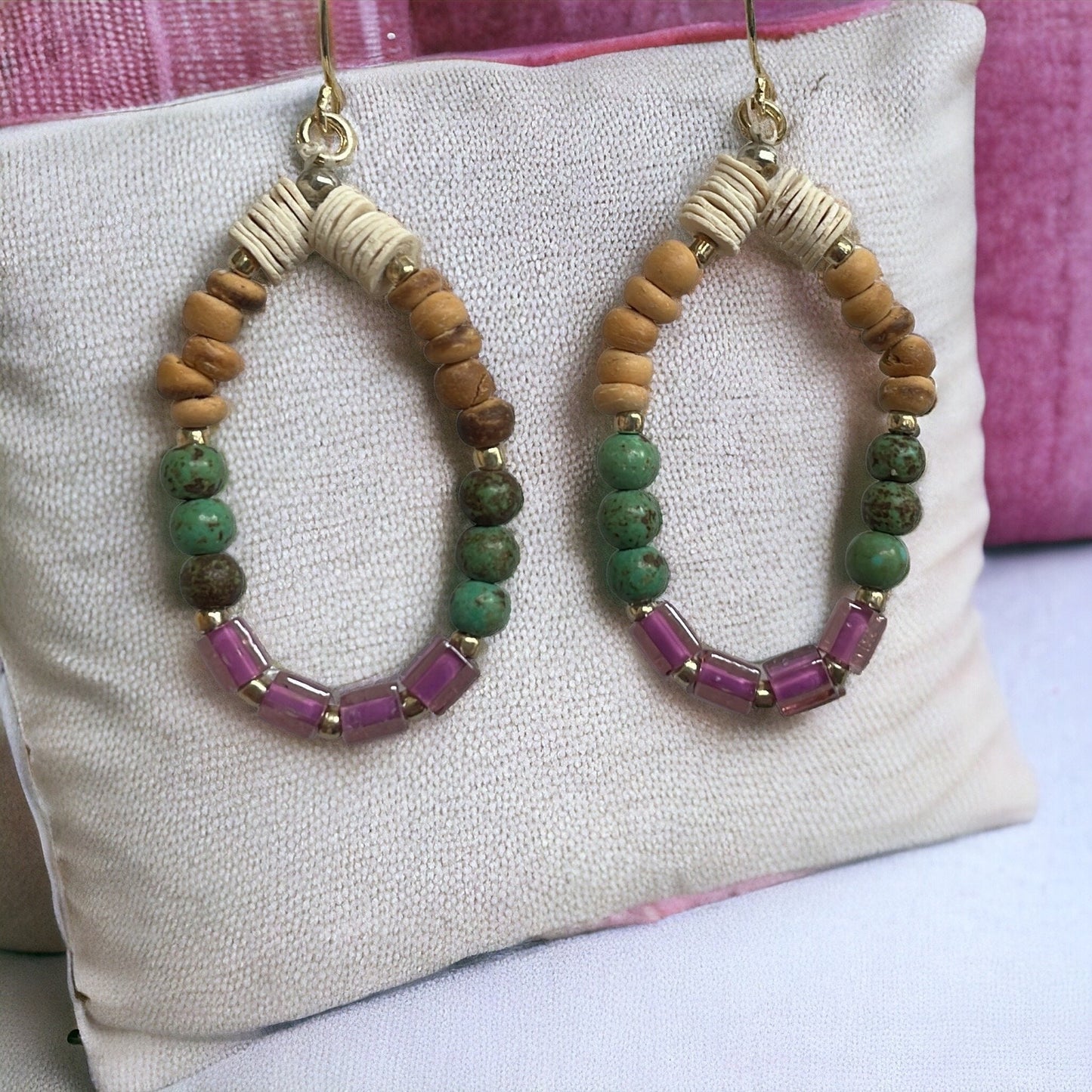 Handmade beaded dangle earrings - purple glass cubes, cream heishi beads, wood and metal spacers